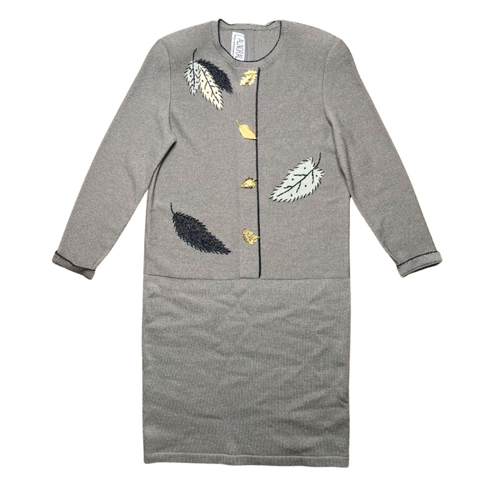 Vintage 80s Embroidered Sweater Dress Large Wool Blend Leaf Minimalist Old Money